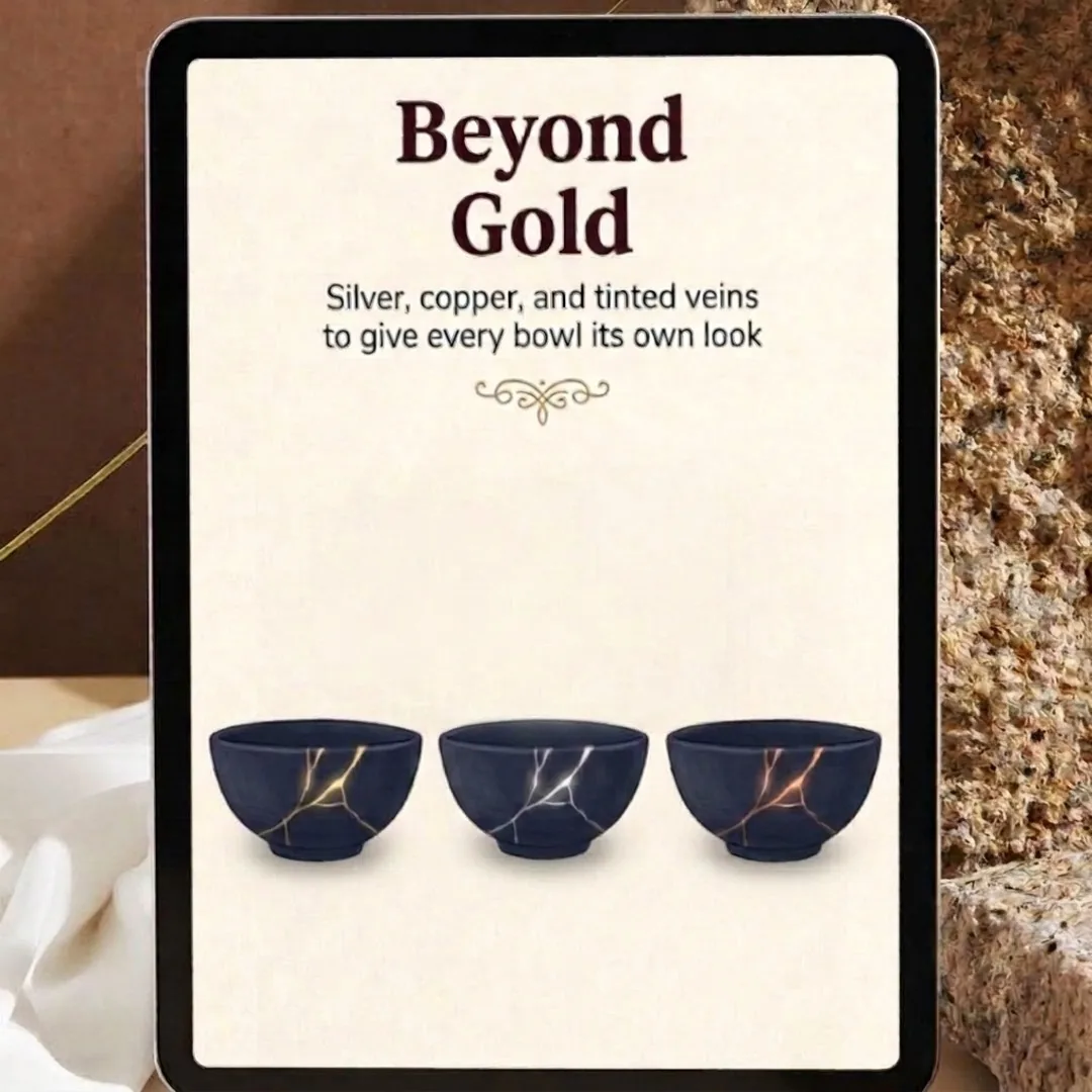 The Beyond Gold guide on a tablet, showing bowls mended in gold, silver, and copper