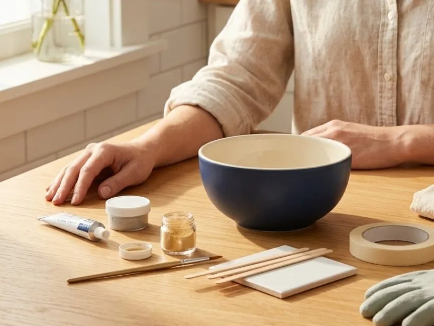 The kintsugi starter kit laid out on a kitchen table: epoxy, gold powder, brush, spreader sticks, and a navy bowl