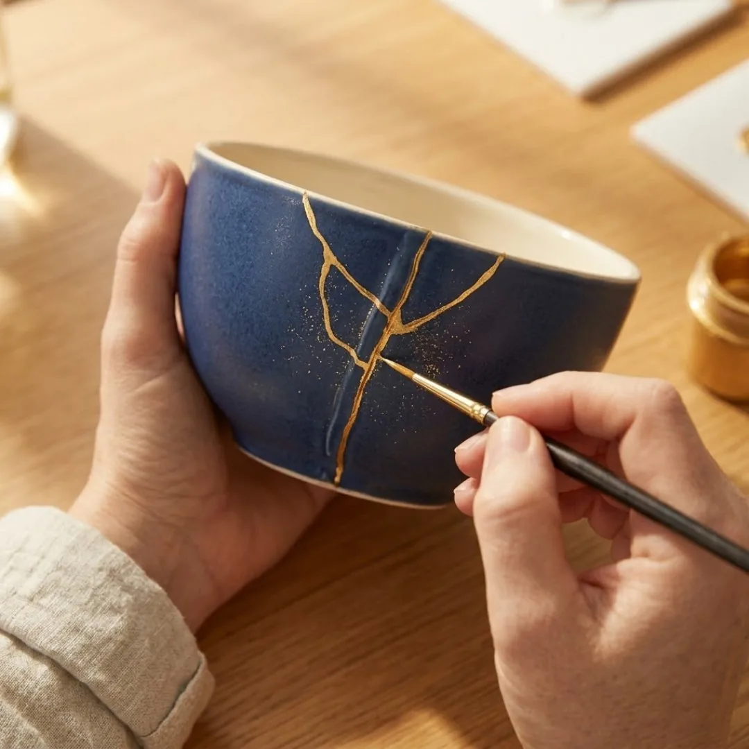 A fine brush dusting gold onto tacky epoxy along the crack lines of an indigo bowl