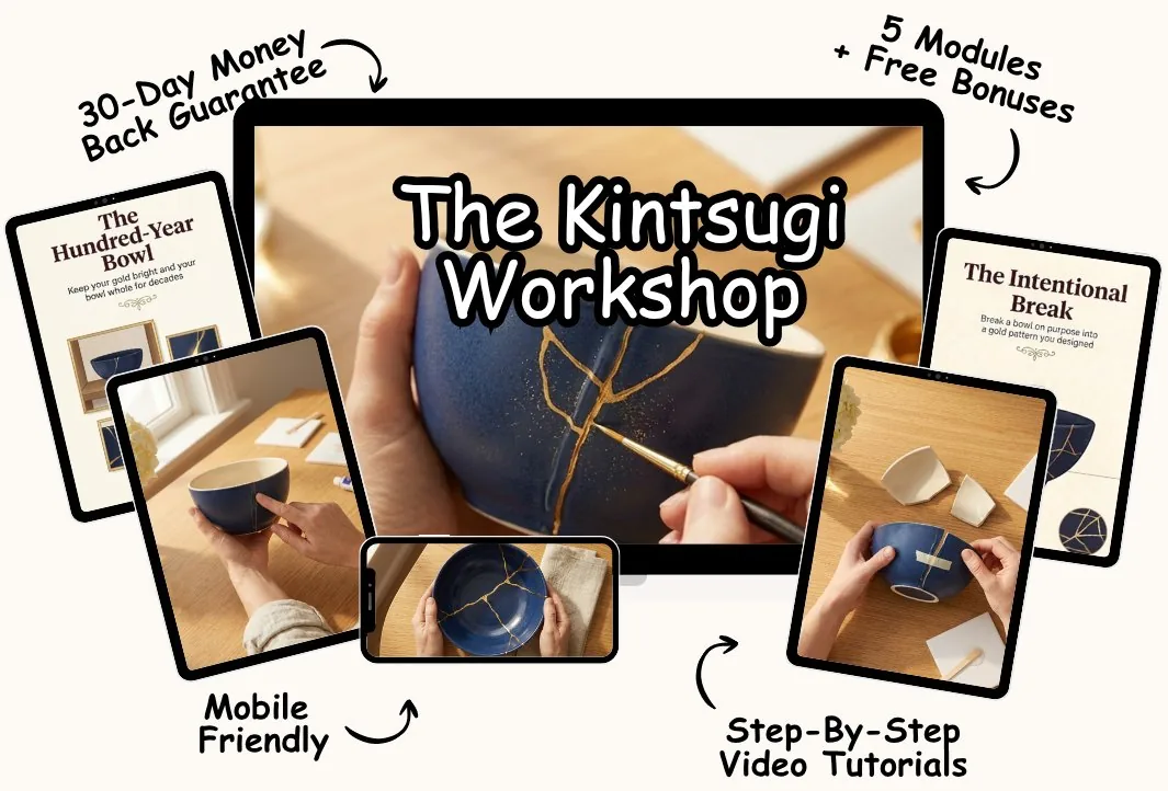 The Kintsugi Workshop shown across a laptop, tablets, and a phone