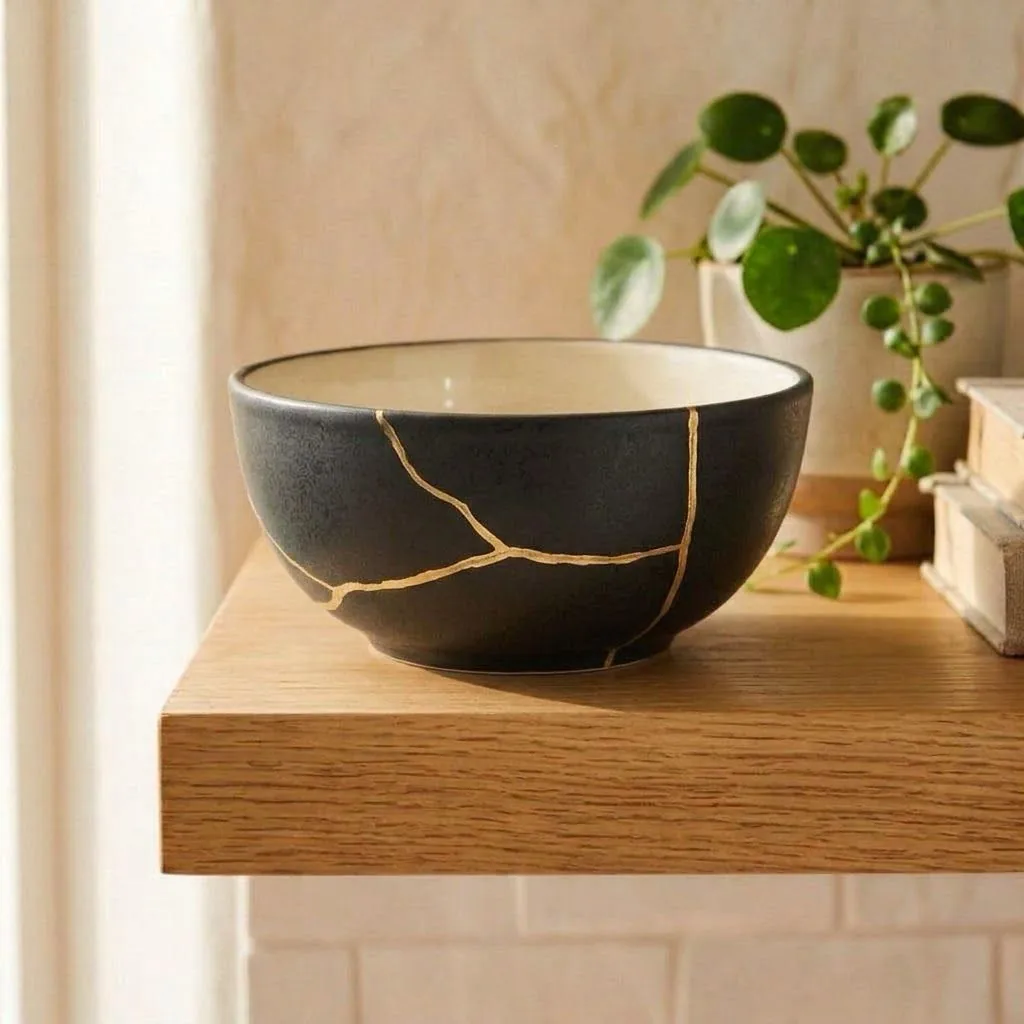 A charcoal black bowl mended with gold veins on an oak shelf, pale interior showing