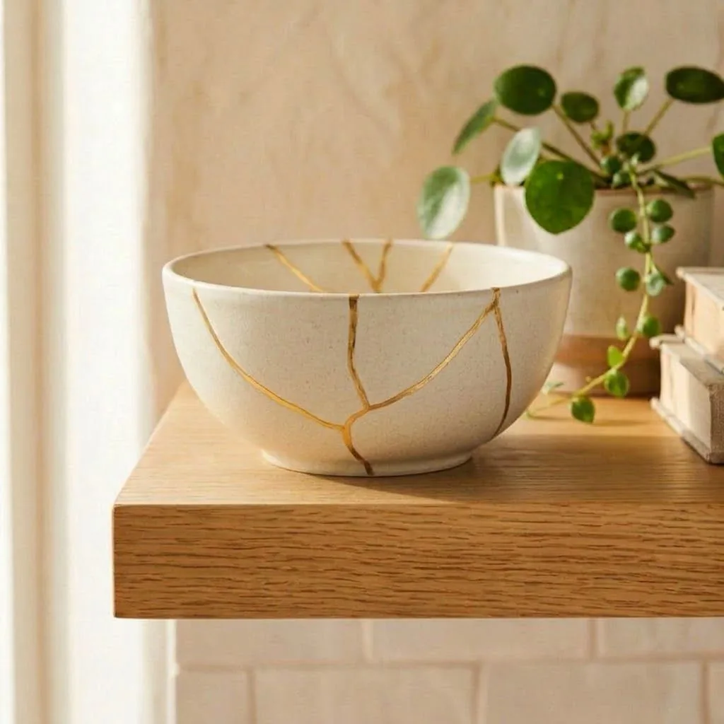 A cream colored bowl mended with branching gold veins on an oak shelf beside a window